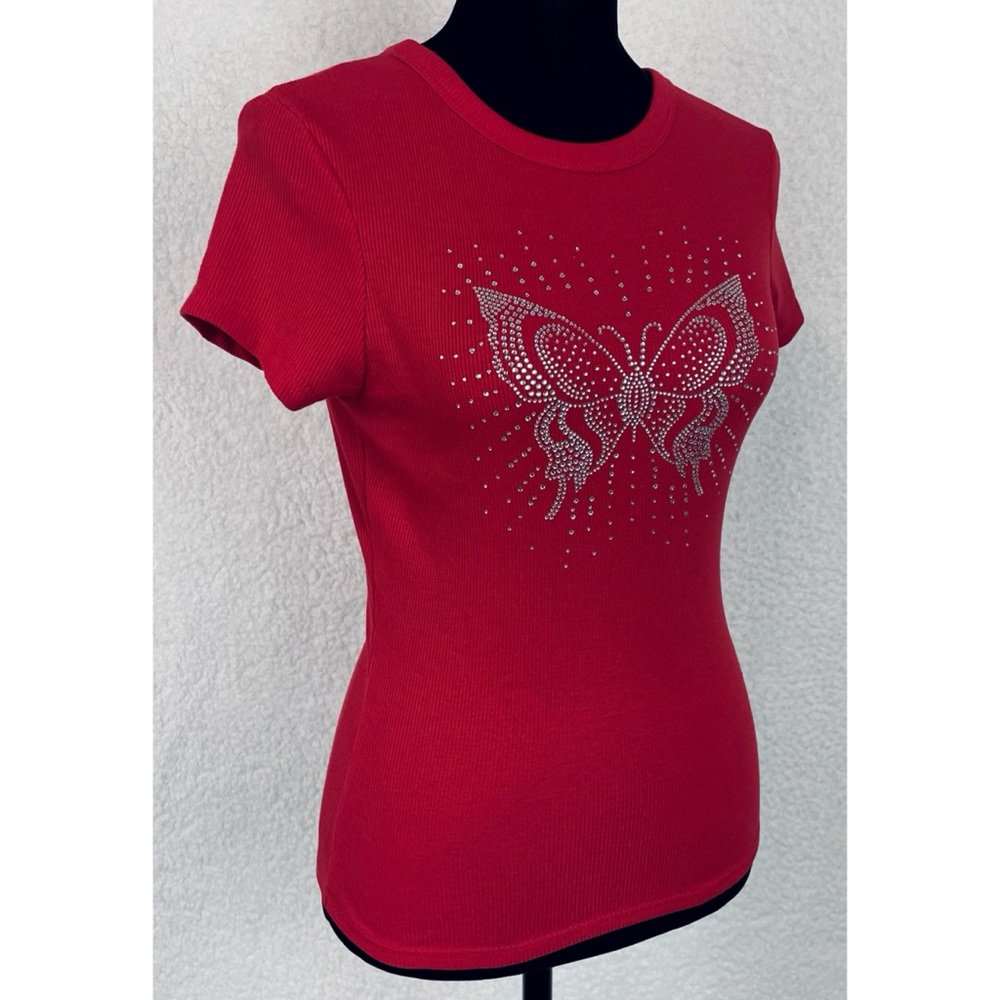 ORANGE KISS • Red/Silver Y2K Rhinestone Butterfly Ribbed Short Sleeve Tee, M - Picture 9 of 13